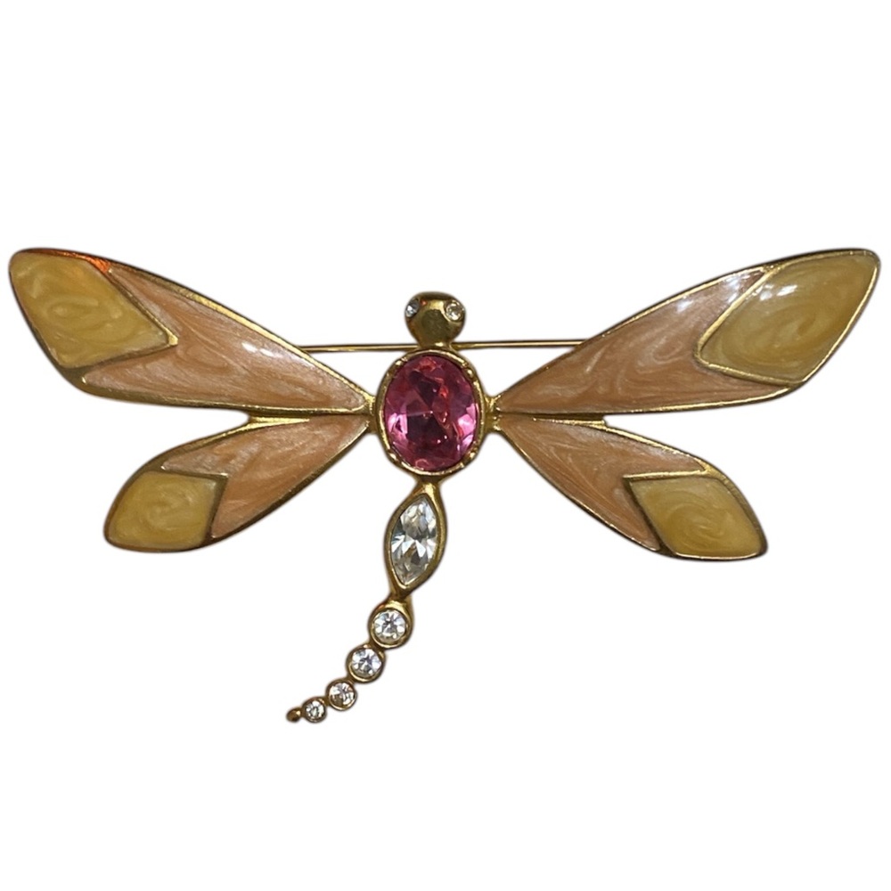 Vintage KJL for Avon Goldtone Enamel Rhinestone Dragonfly Brooch/Pin Mother Day